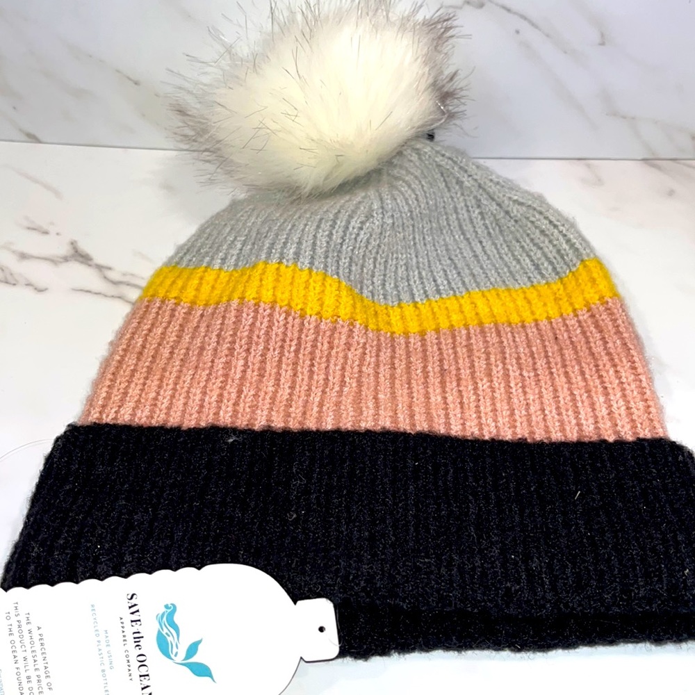 NEW Save the ocean striped pom pom beanie